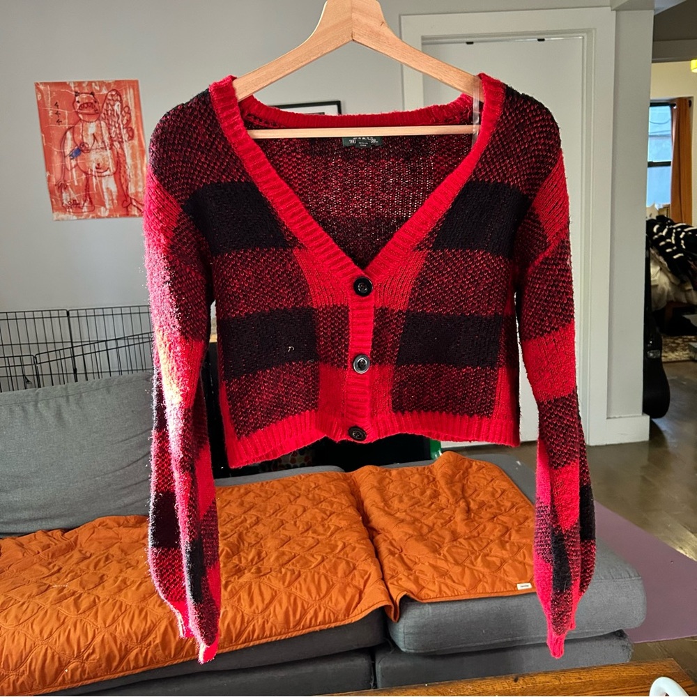 Wild Fable Black Red Knit Plaid Crop Sweater